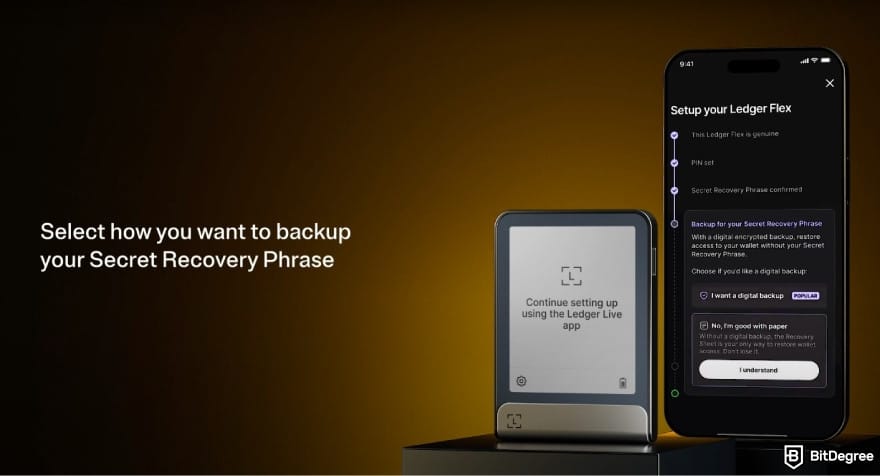 Best Solana wallet: select the backup method for Ledger Flex.