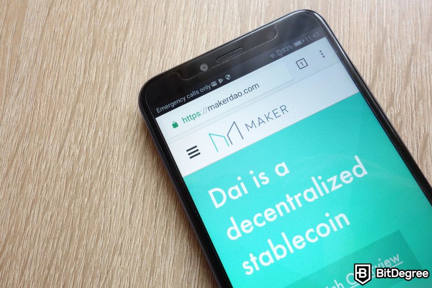 Best stablecoin: a phone screen showing MakerDao website.