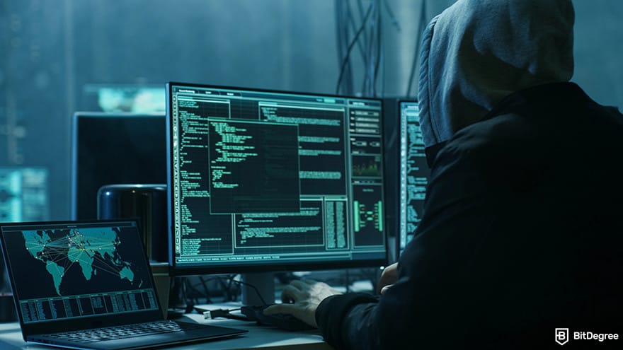 Best stablecoin: a person in a hoodie is sitting in front of a computer.