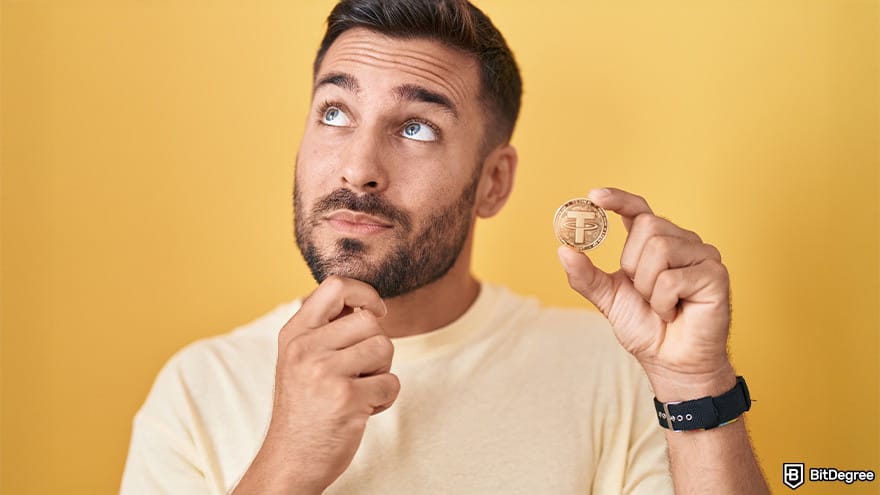 Best stablecoin: thinking person with USDT coin in hands.