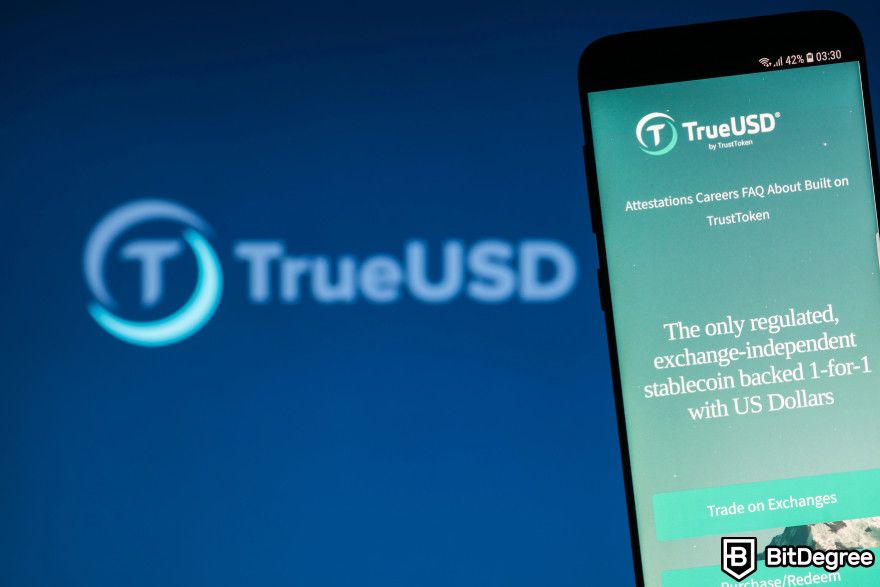 Best stablecoin: a phone screen showing TrueUSD website.