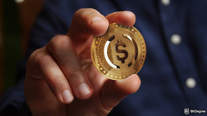 Best stablecoin: person holding USDC coin.