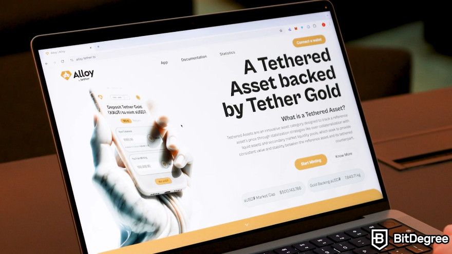 Stablecoin tốt nhất: Trang web Tether gold trên màn hình máy tính xách tay.