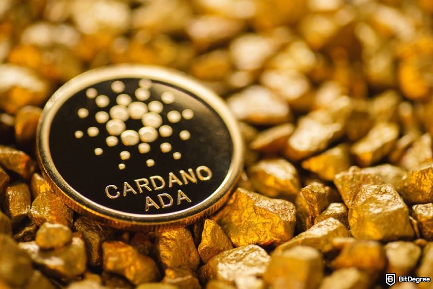 Best staking crypto: ADA coin on a pile of gold nuggets.