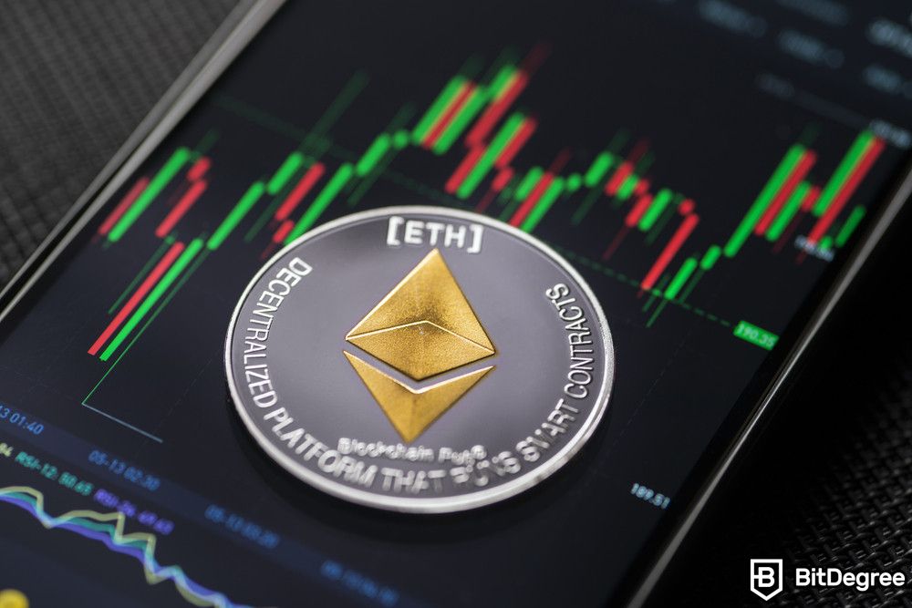 Best staking crypto: closeup of an Ethereum coin on a smartphone screen.