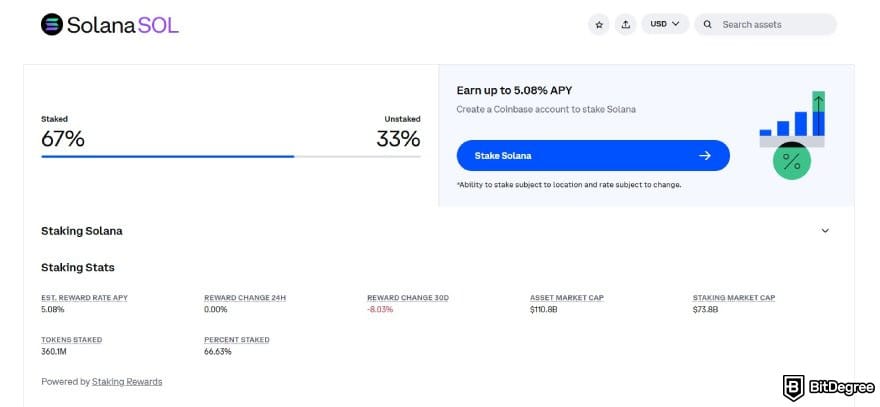 Best staking crypto: the SOL staking page on Coinbase.