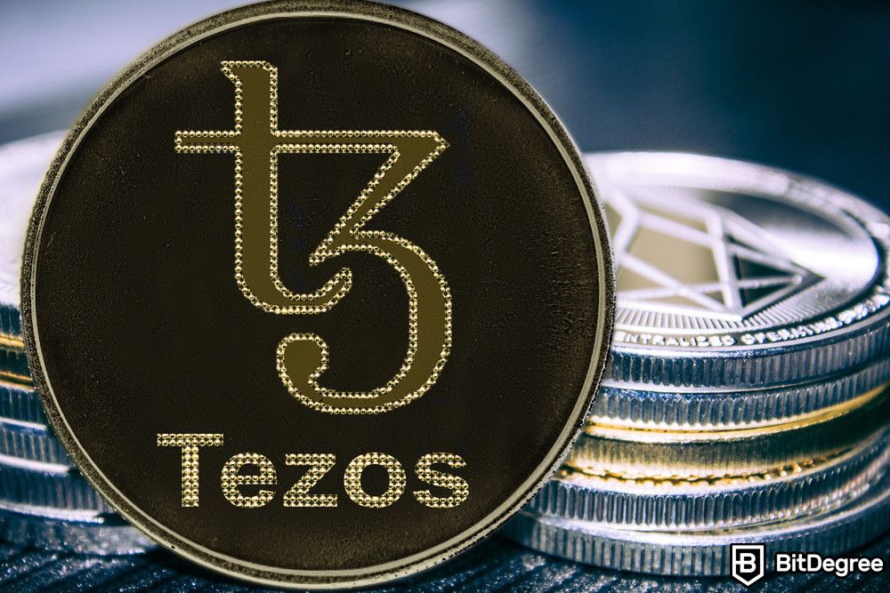 Best staking crypto: closeup of a Tezos coin with stacks of other cryptocurrencies.