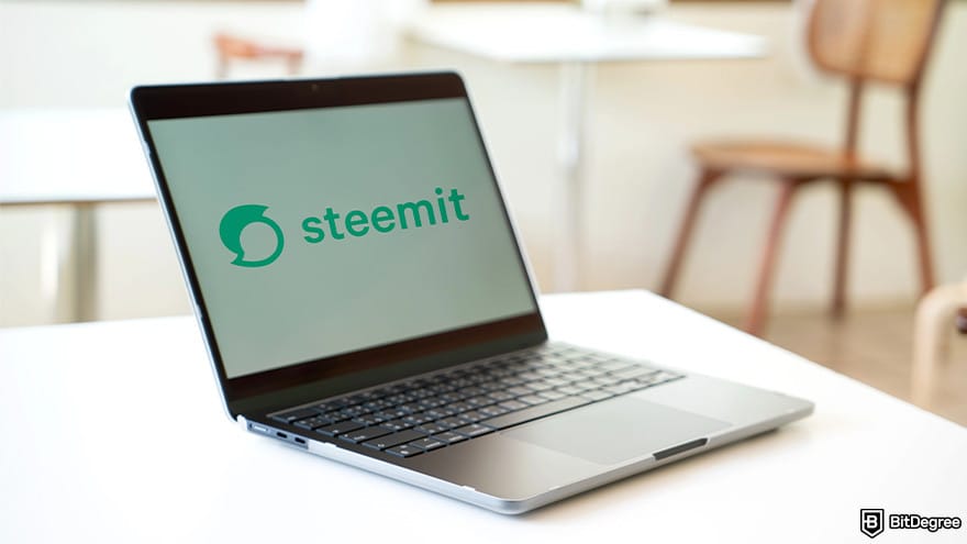 Best Steem wallet: laptop with Steemit logo.