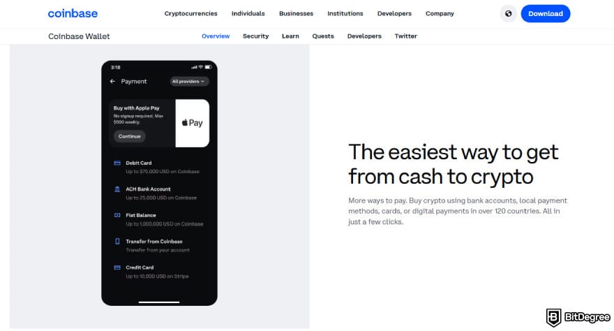 Best Sui wallets: Coinbase Wallet's easy conversion from cash to crypto.