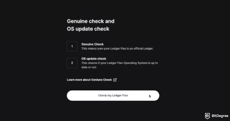 Best Sui wallet: a screen prompt instructing to do a genuine check of your Ledger device and OS update check.