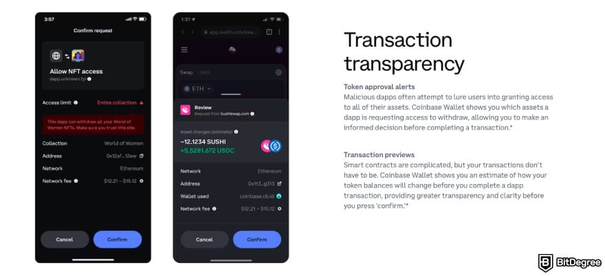 Best Tezos wallet: a screenshot of Coinbase Wallet's security features.