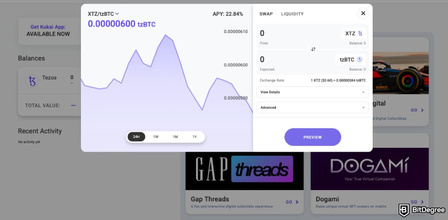 Best Tezos wallet: a screenshot of Kukai's swapping interface.