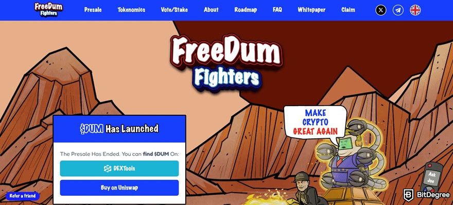 Best Trump meme coins: the Freedum Fighters homepage.