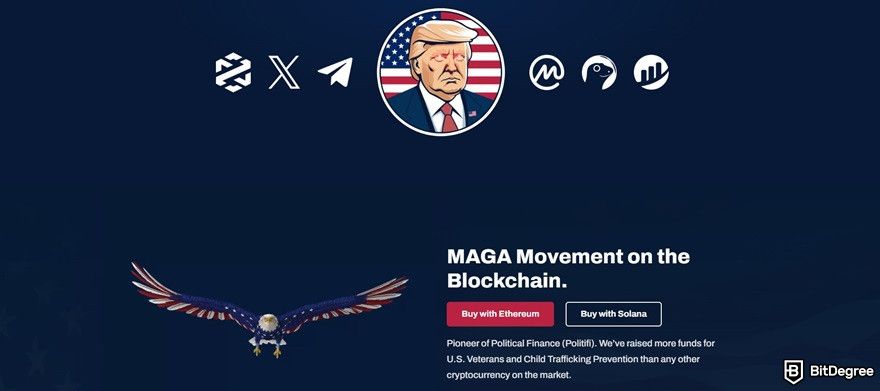 Best Trump meme coins: the MAGA homepage.