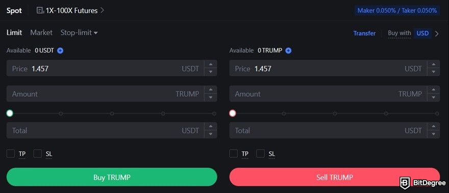 Best Trump meme coins: the order box on MEXC.