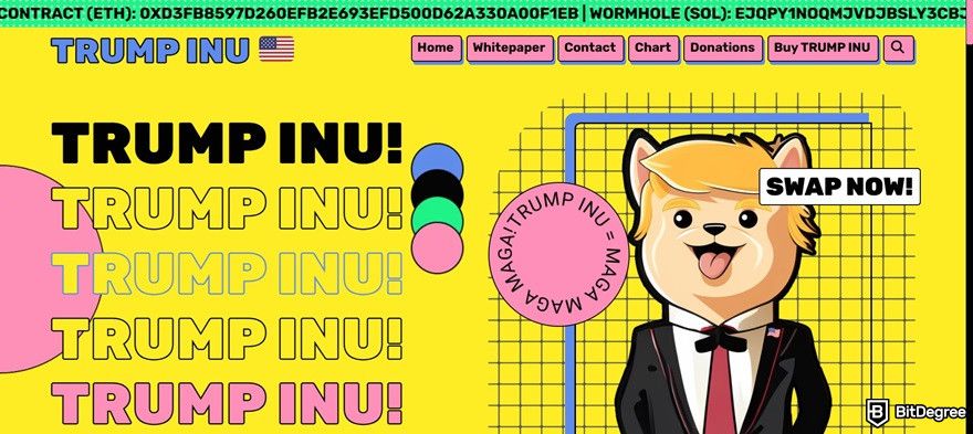 Best Trump meme coins: the Trump Inu homepage.