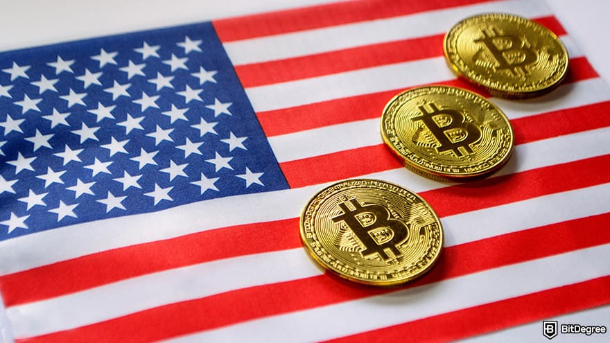 Best US Crypto Exchange: Bitcoin coins on a flag of USA.