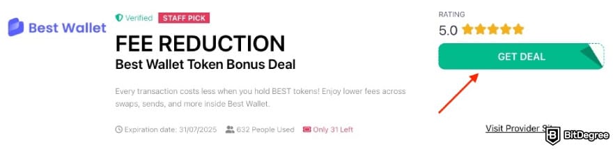Best Wallet referral code: a red arrow pointing to the [GET DEAL] button on BitDegree's page.