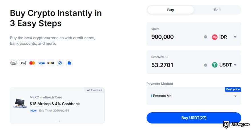 Best way to send money anonymously: MEXC quick buy screen for fast crypto deposit.