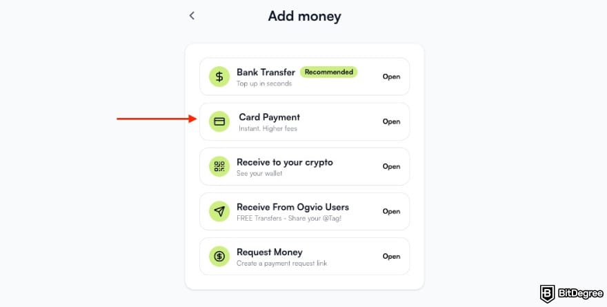 Best way to send money from Canada to US: a red arrow pointing to the [Card Payment] option on Ogvio.
