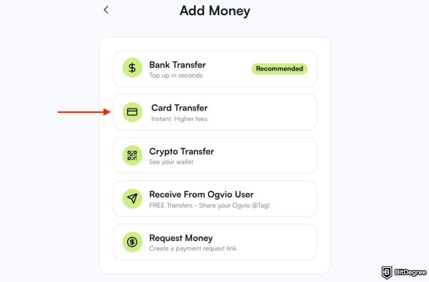 Best way to send money from India to USA: a red arrow pointing to the [Card Transfer] option on Ogvio.