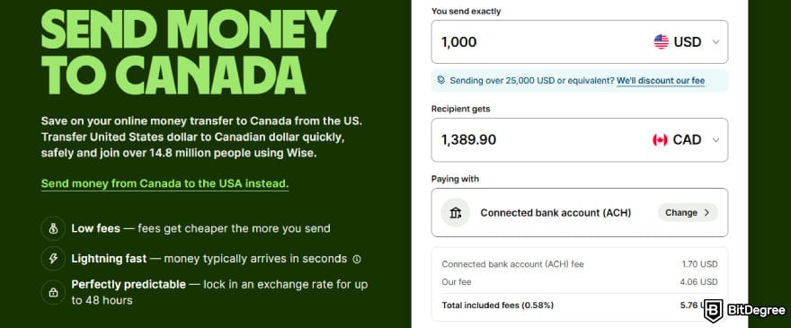 Best way to send money from USA to Canada: converting USD to CAD on Wise.