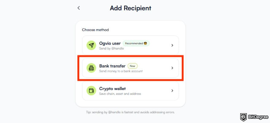 Best way to send money to Australia: [Bank transfer] option to add new recipient on Ogvio.
