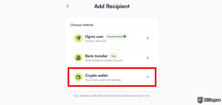 Best way to send money to Australia: [Crypto wallet] option to add a new recipient on Ogvio.
