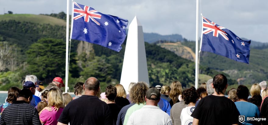 Best way to send money to Australia: people standing in front of Australian and New Zealand flag.