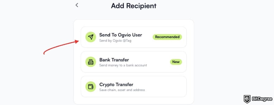 Best way to send money to Australia: a red arrow pointing to the [Send To Ogvio User] option on Ogvio.