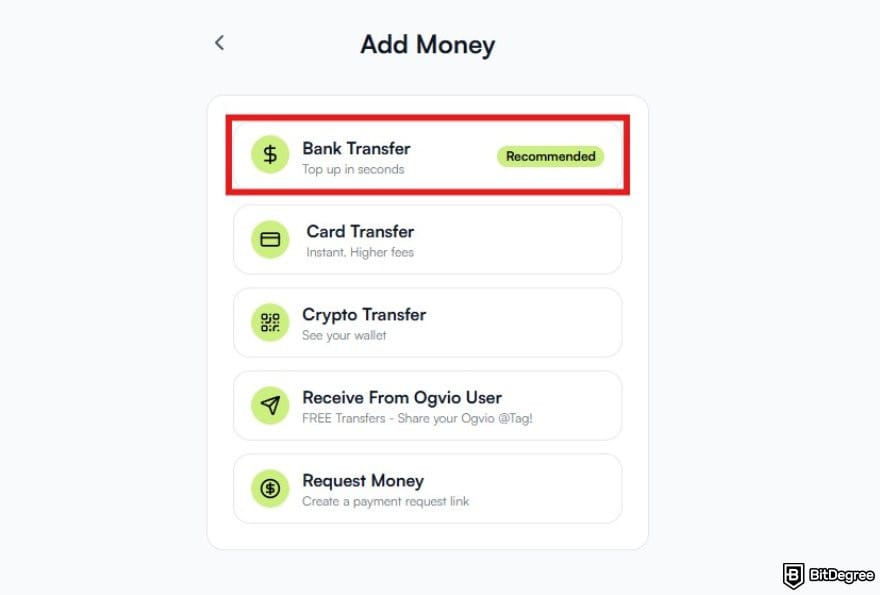 Best way to send money to Austria: available deposit methods on Ogvio with the bank transfer option highlighted.