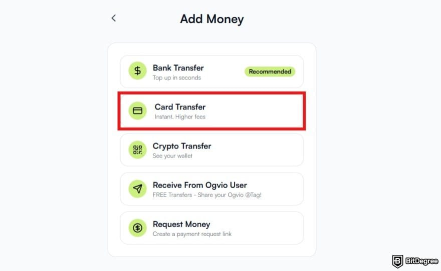 Best way to send money to Austria: available deposit methods on Ogvio with the card transfer option highlighted.