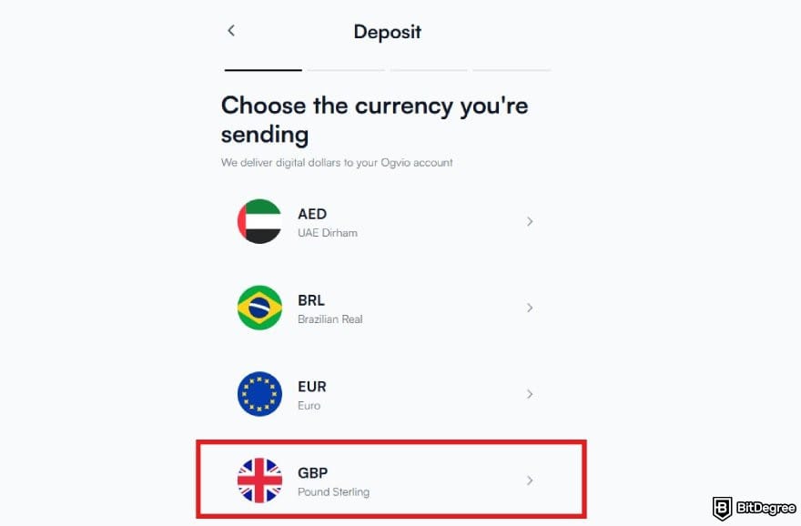 Best way to send money to Austria: available currencies options for deposit on Ogvio with the GBP option highlighted.