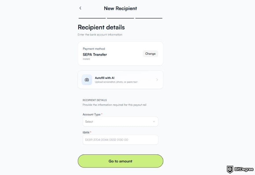 Best way to send money to Austria: the recipient details page on Ogvio.
