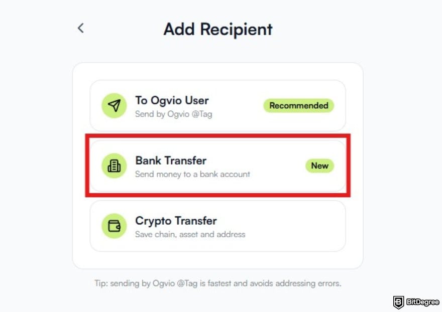 Best way to send money to Austria: available transfer methods on Ogvio with the bank transfer option highlighted.