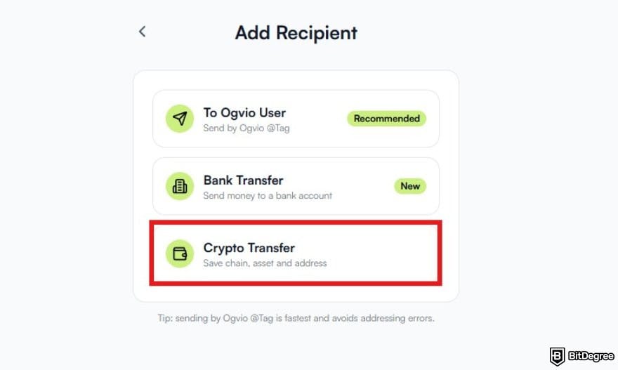 Best way to send money to Austria: available transfer methods on Ogvio with the crypto transfer option highlighted.