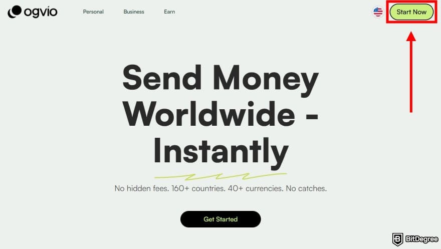 Best way to send money to Austria: Ogvio homepage with the Start Now highlighted.