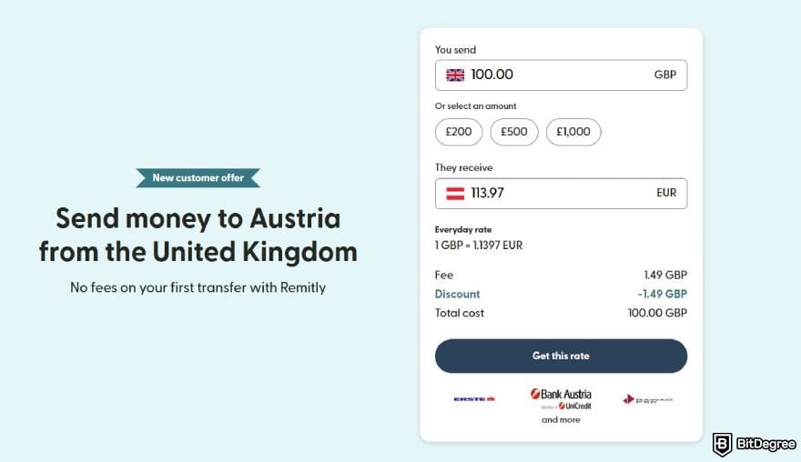 Best way to send money to Austria: a calculator showing how much to pay when transferring GBP 100 to Austria with Remitly.
