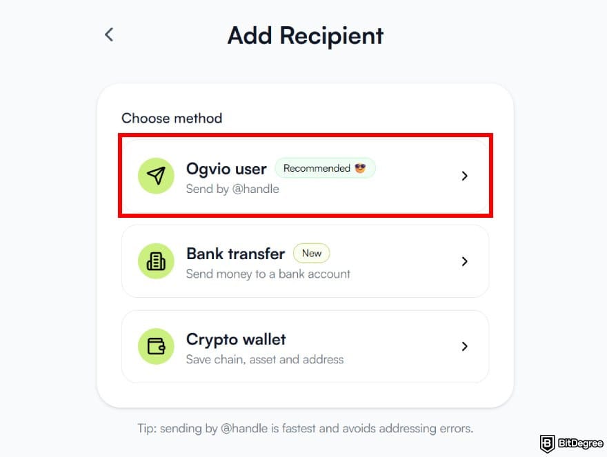 Best way to send money to Austria: available transfer methods on Ogvio with the Ogvio user option highlighted.