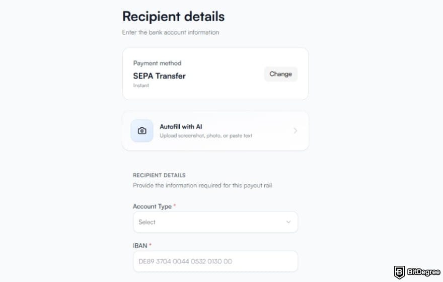 Best way to send money to Belgium: the recipeint's bank details page on Ogvio.