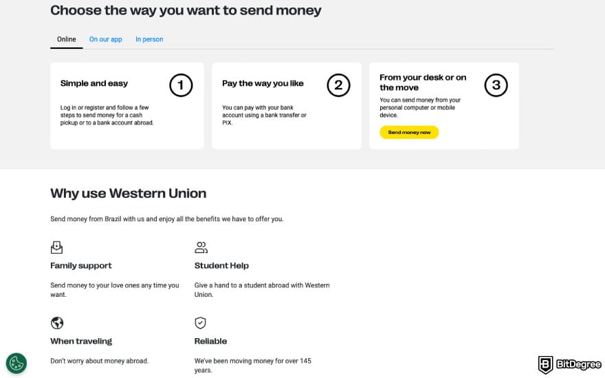 Best way to send money to Brazil: a screenshot of Western Union features.