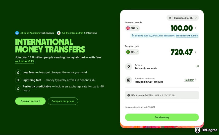 Best way to send money to Brazil: a screenshot of Wise fee calculator.
