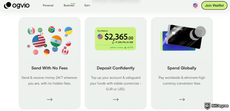 Best way to send money to Canada: Ogvio features listed on its official website.
