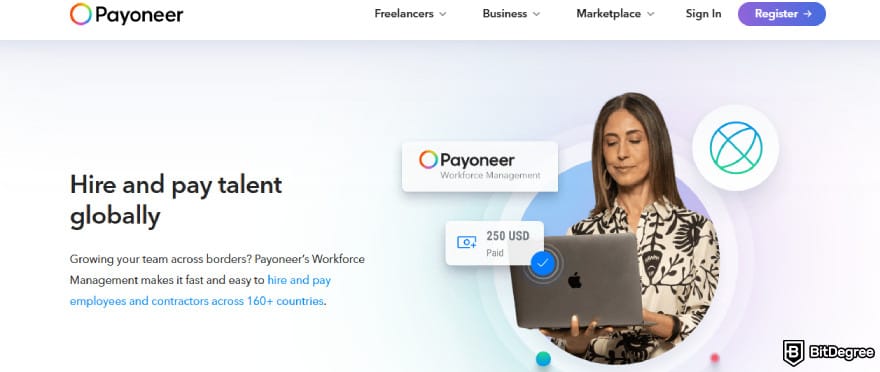 Best way to send money to Canada: Payoneer homepage.