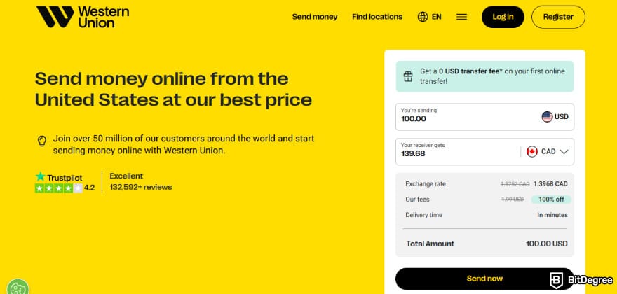 Best way to send money to Canada: sending money from USD to CAD using Western Union.