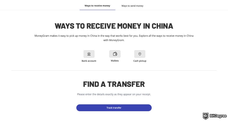 Best way to send money to China: a screenshot of MoneyGram features.