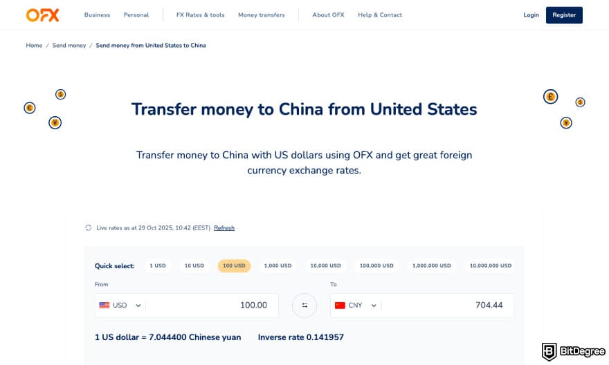 Best way to send money to China: a screenshot of OFX features.