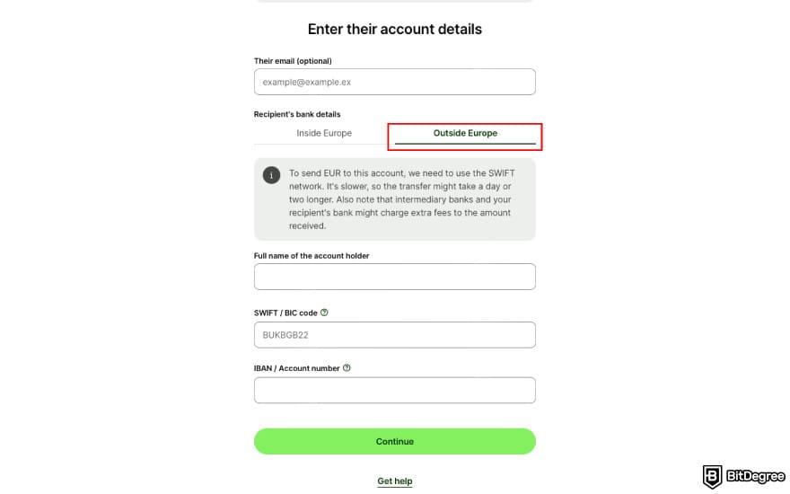 Best way to send money to China: click [Outside Europe] and fill in the transfer details.