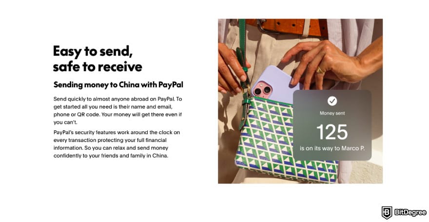 Best way to send money to China: a screenshot of PayPal features.
