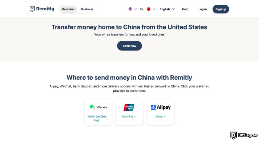 Best way to send money to China: a screenshot of Remitly features.